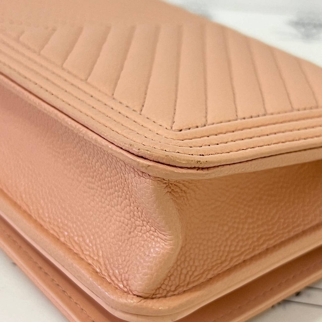 [PRE LOVED] Chanel Leboy Wallet on Chain in Peach Chevron Caviar Leather GHW (microchipped)