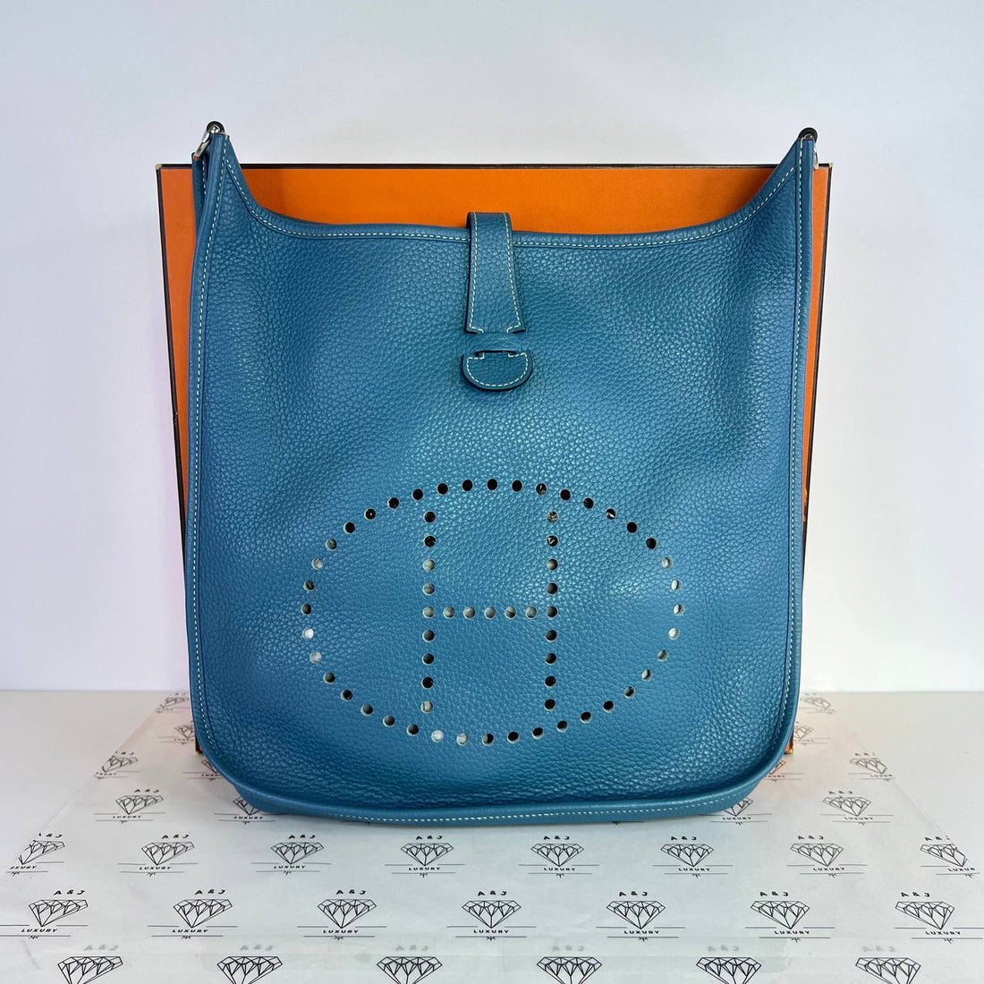 [PRE LOVED] Hermes Evelyne 33 GM III in Bleu Jean Clemence Leather PHW (Stamp Square Q - 2013)