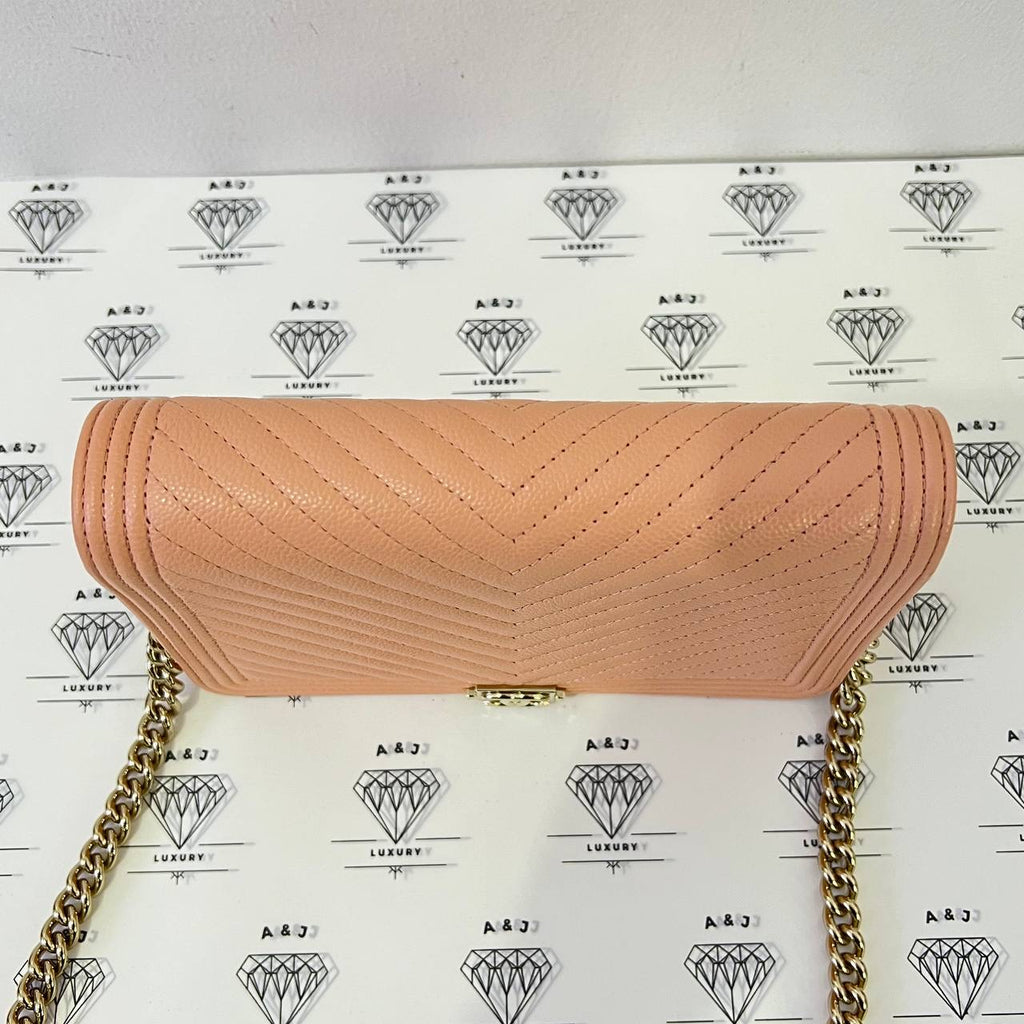 [PRE LOVED] Chanel Leboy Wallet on Chain in Peach Chevron Caviar Leather GHW (microchipped)