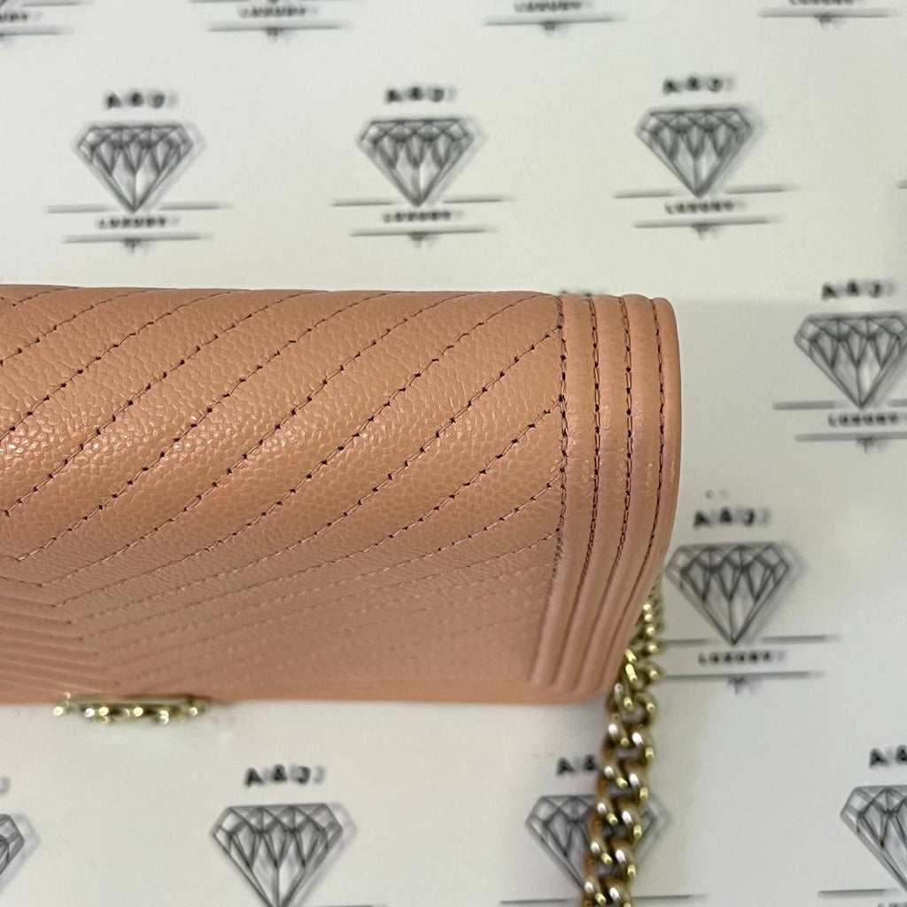 [PRE LOVED] Chanel Leboy Wallet on Chain in Peach Chevron Caviar Leather GHW (microchipped)