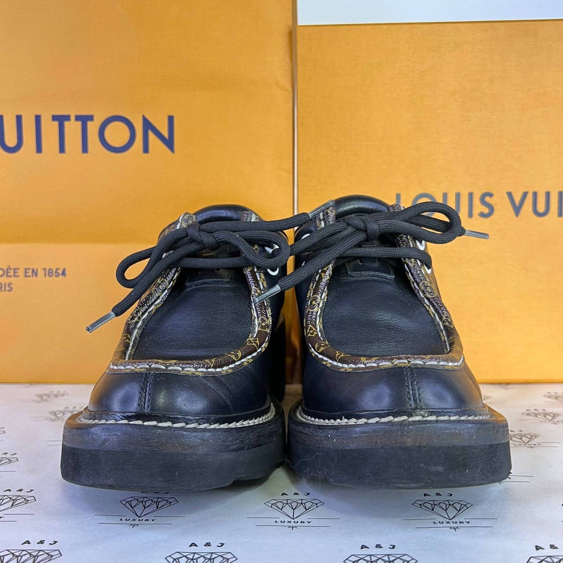 [PRE LOVED] Louis Vuitton Beauborg Derby Platform Shoes in Black/Monogram Size 38EU
