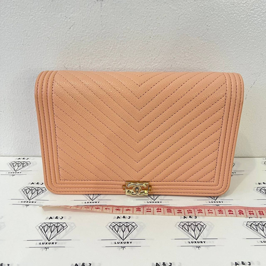 [PRE LOVED] Chanel Leboy Wallet on Chain in Peach Chevron Caviar Leather GHW (microchipped)