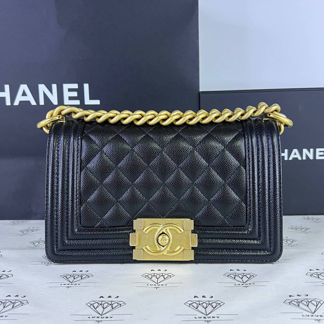 [PRE LOVED] Chanel Small Leboy in Black Caviar Leather Aged Gold HW (microchipped)