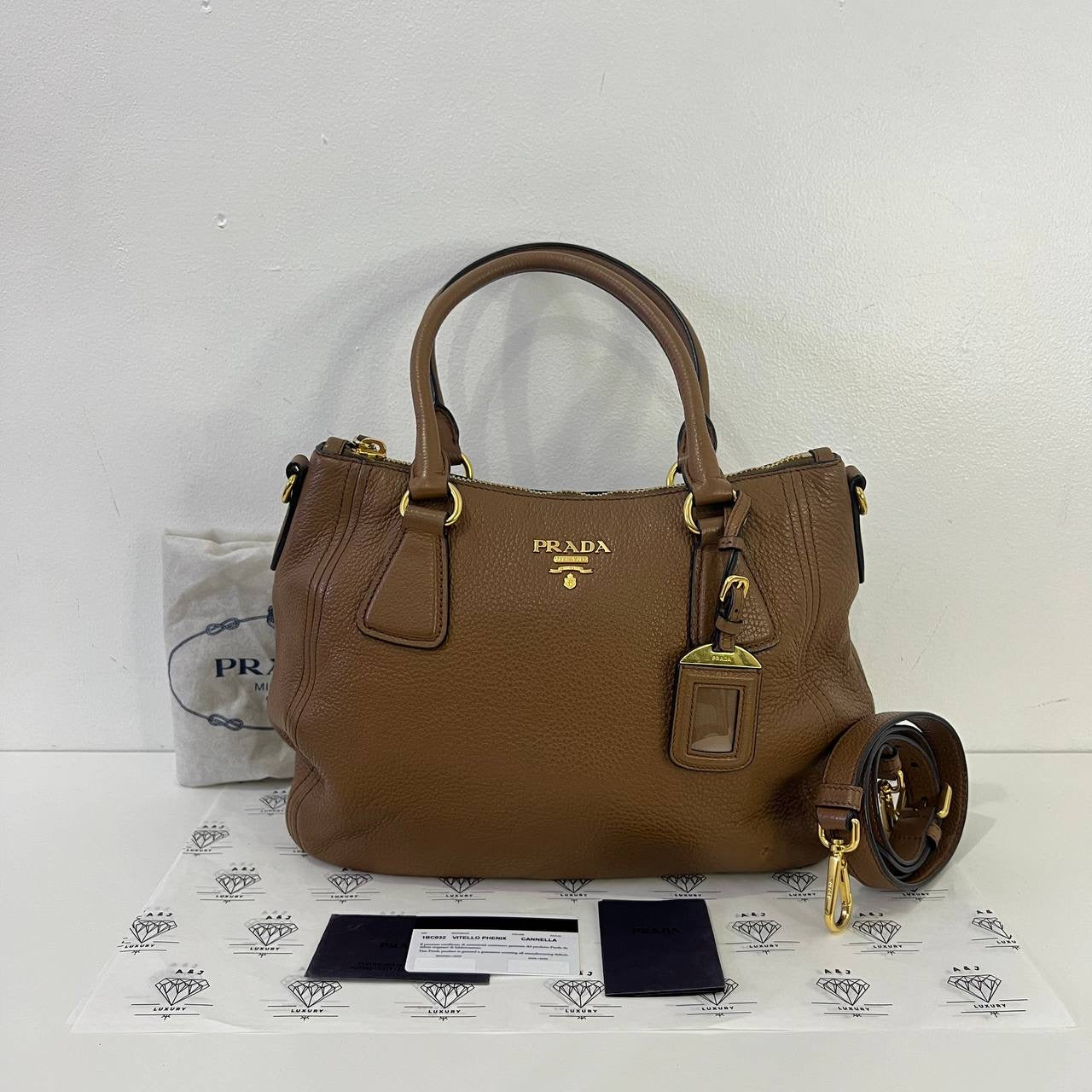 [PRE LOVED] Prada 1BC032 2-way Bag in Cannella Vitello Phoenix Leather GHW