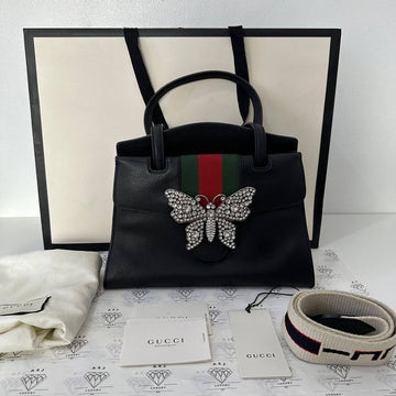 [PRE LOVED] Gucci Top Handle Bag in Crystal Butterfly Black Grained Leather with Web Strap Medium size