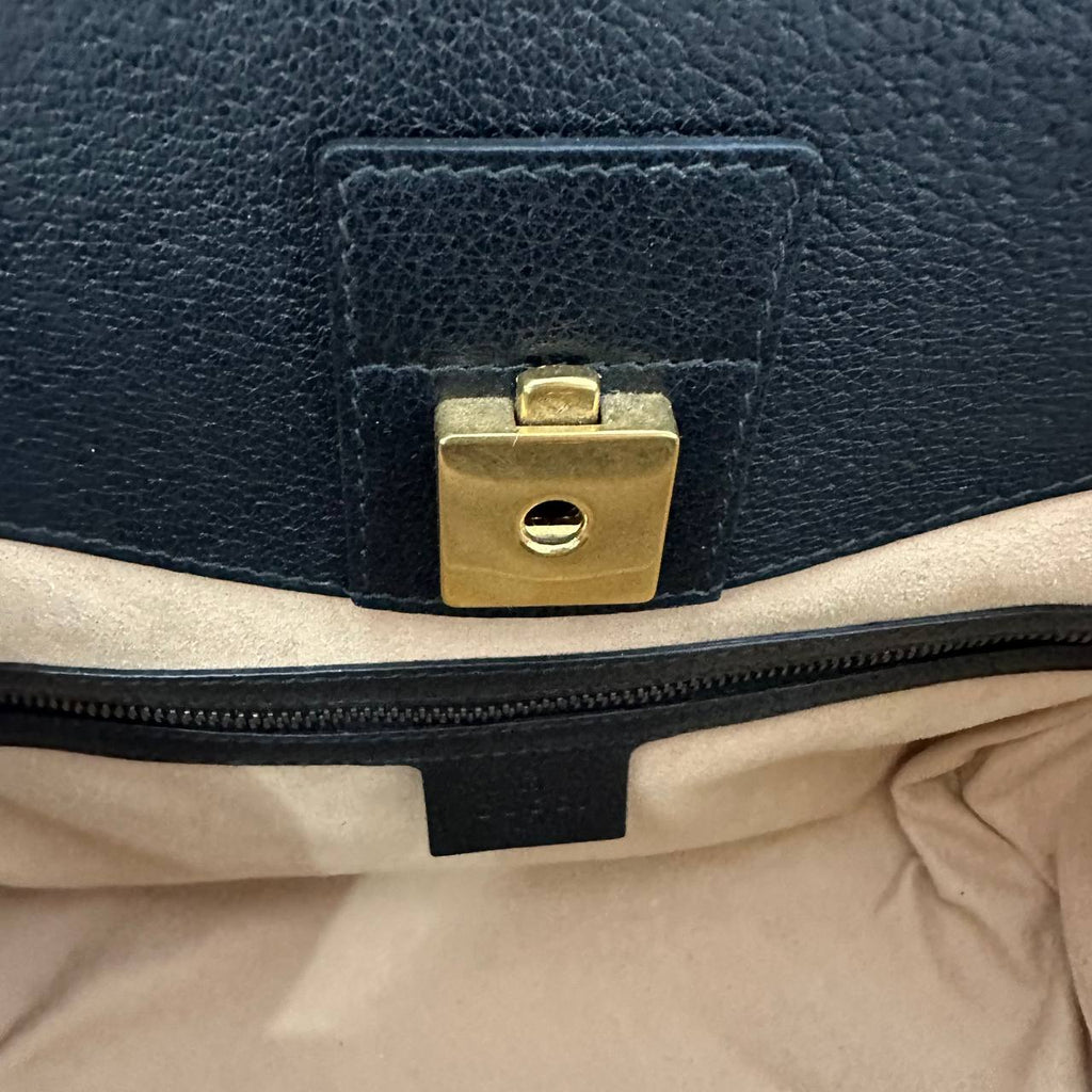 [PRE LOVED] Gucci Top Handle Bag in Crystal Butterfly Black Grained Leather with Web Strap Medium size