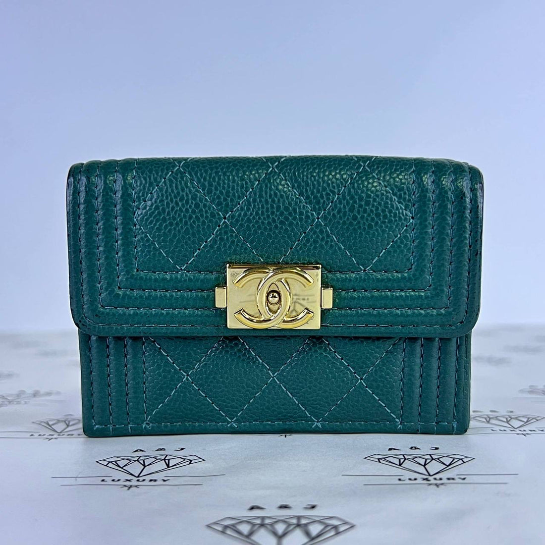 [PRE LOVED] Chanel Leboy Compact Trifold Waller in Green Caviar Leather GHW (Series 31)
