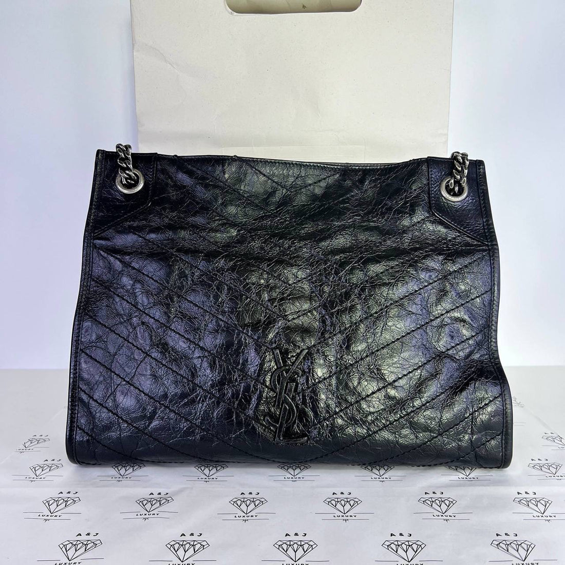 [PRE LOVED] YSL Niki Shopper Tote in Black Crinkled Calfskin Leather SHW